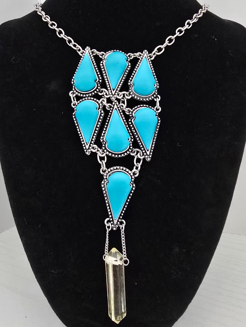 Turquoise Teardrop Statement Necklace with Crystal Pendant - Unbranded